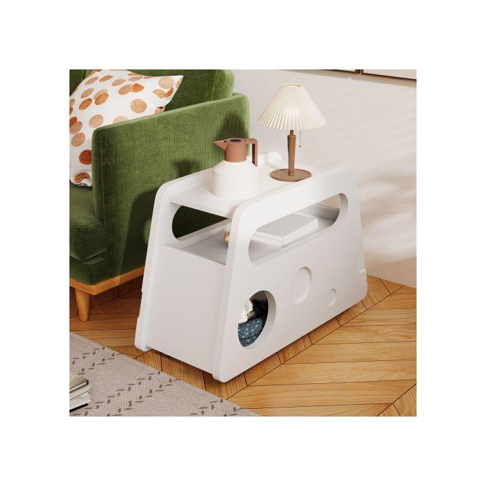 Table d'appoint - Blanche - Design rond - Mobile sur roulettes - Idéale pour petits espaces