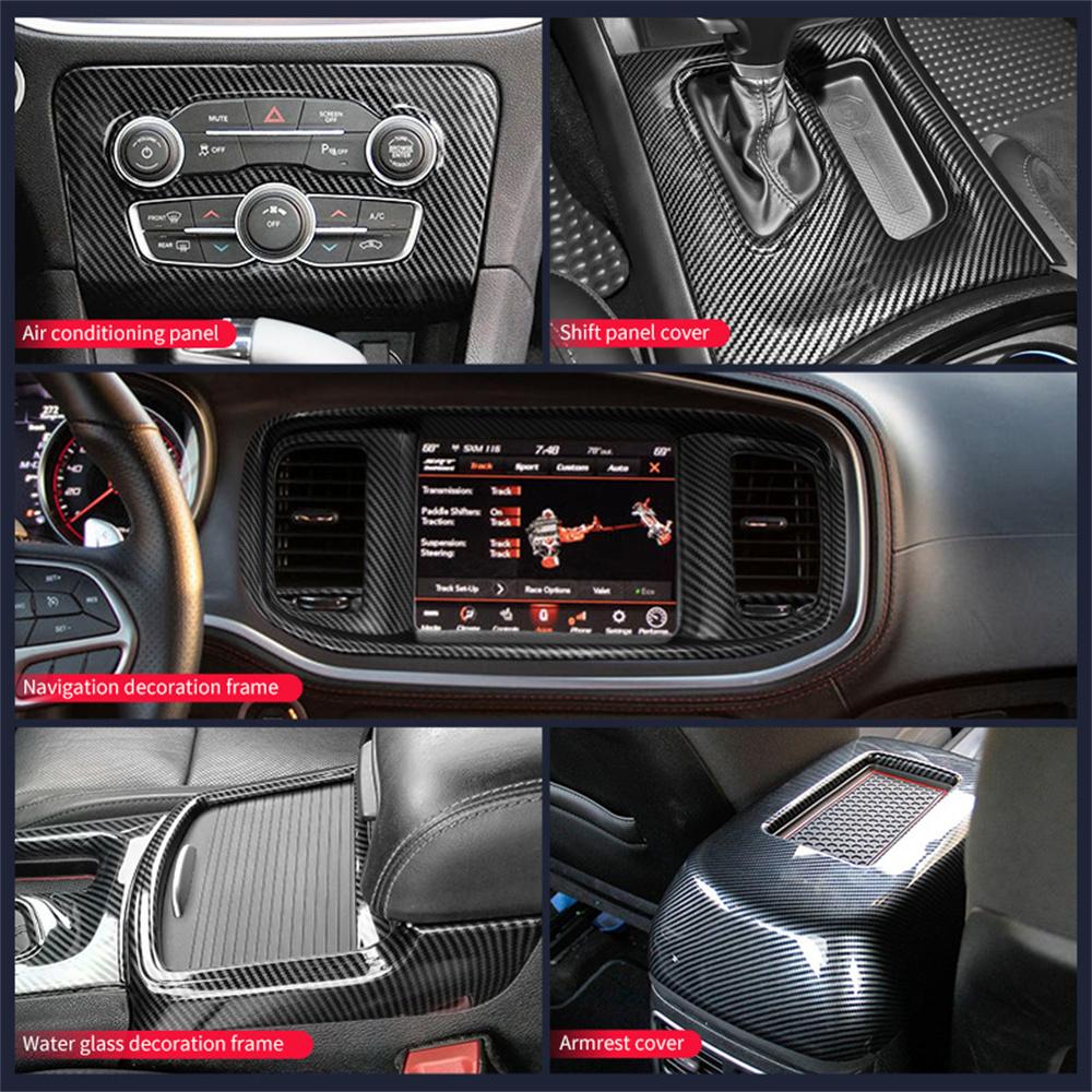 Accessori Interni Neri in Fibra di Carbonio Per Dodge Charger 2015-2025 Console Centrale Pannello Leve Cambio Aria Copertura Protettore Kit 5 Pezzi