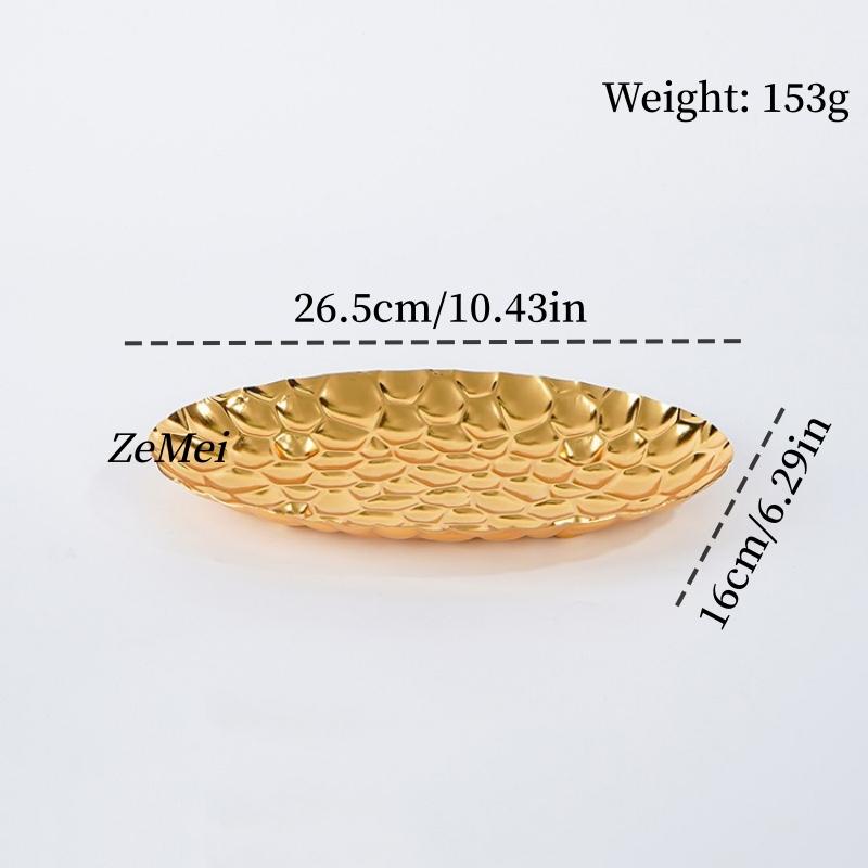 Elliptical Fruit Plate, European-Style Exquisitely Carved Hammer Texture Metal Cake Tray, Home Dessert Snack Plate Decoration