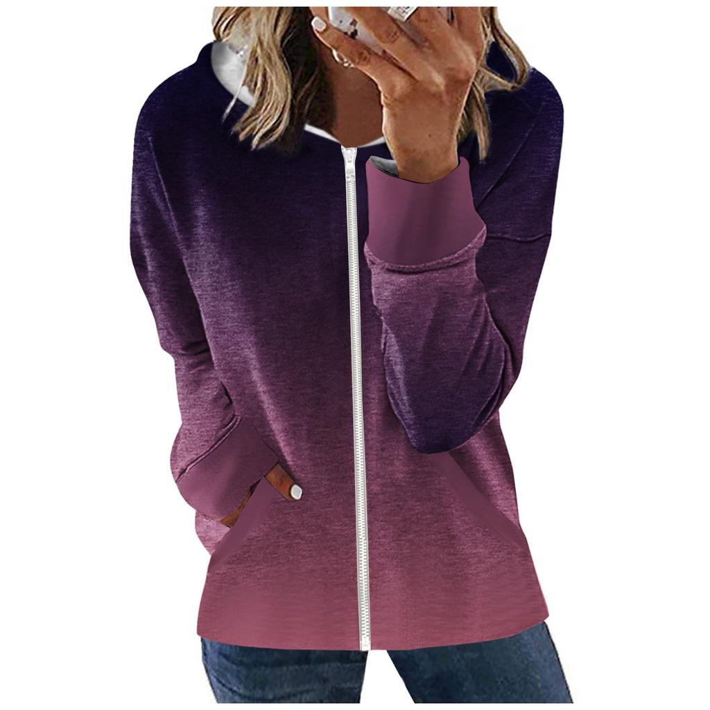 Damemote Casual Glidelås Gradient Langermet Pocket hettefrakk