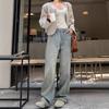Women's High-Waist Yellow Mud Wide-Leg Jeans - Retro, Warm, Plus Velvet, Loose Fit for Autumn/Winter