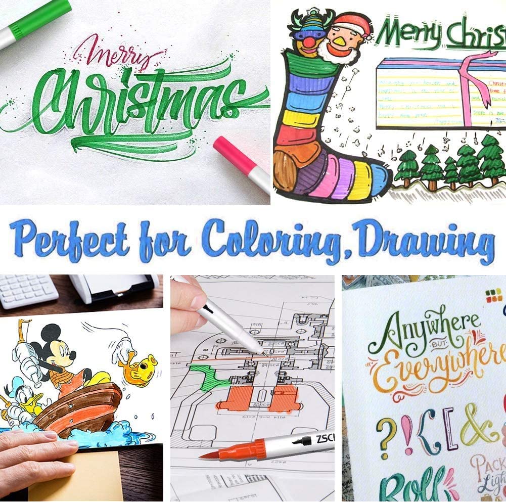 M ZSCM Illustration 100 Brush and Extra Fine Color Pen Art Marker Watercolor Brush Vivid for Picture Adult Coloring Storage Case Included Pens,