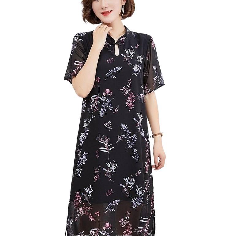 Plus Size Wide Style Cheongsam Mid-Length Dress for Middle-Aged and Elderly Mothers (Fits Up to 200 Jin)