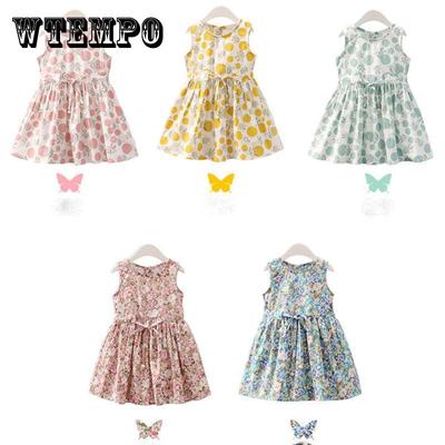 2 piezas/conjunto de vestido y sombrero para niñas, vestido de algodón cómodo para niños, vestido de verano con estampado floral, vestido sin mangas para niñas