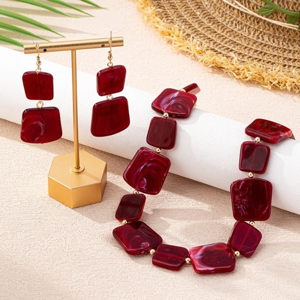Wine Red Stud Earrings Resin Neck Chain Retro Necklace Earrings Set  for Women