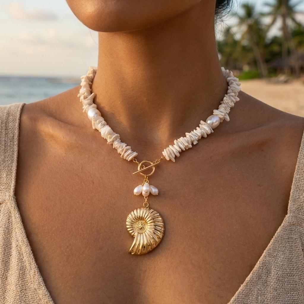 Collana con Ciondolo Conchiglia di Acrilico Frantumato e Perla Sintetica per Donne Uomini Bohemien Vacanza al Mare Estiva