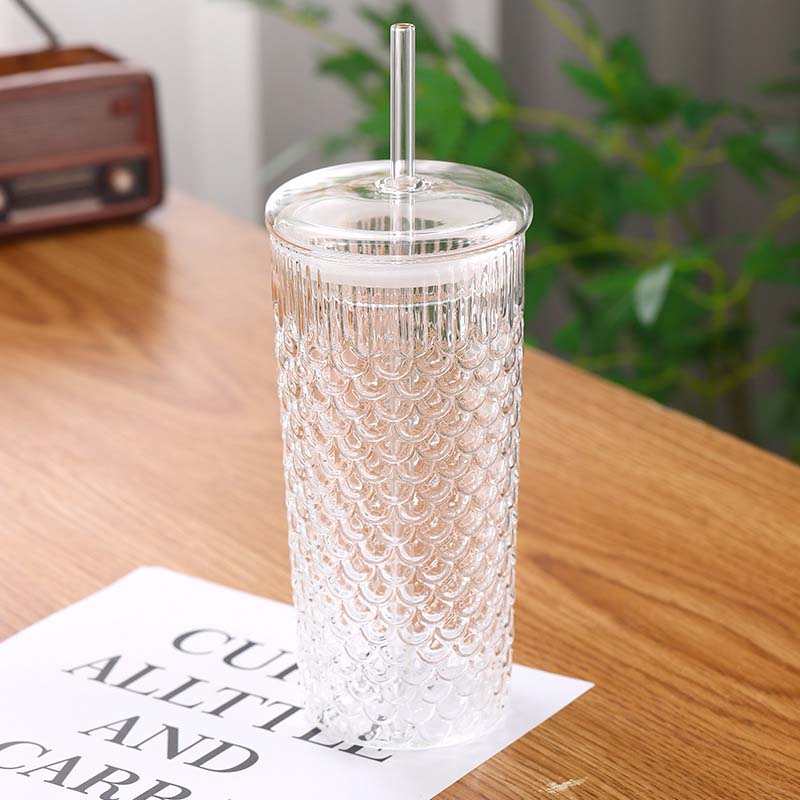 

24OZ Creative Fish Scale Glass Straw Cup With Lid Transparent Glasses Mug Iced Coffee Cup For Juice Milk Tea Water Cup Drinkware 701-800ml прозорий