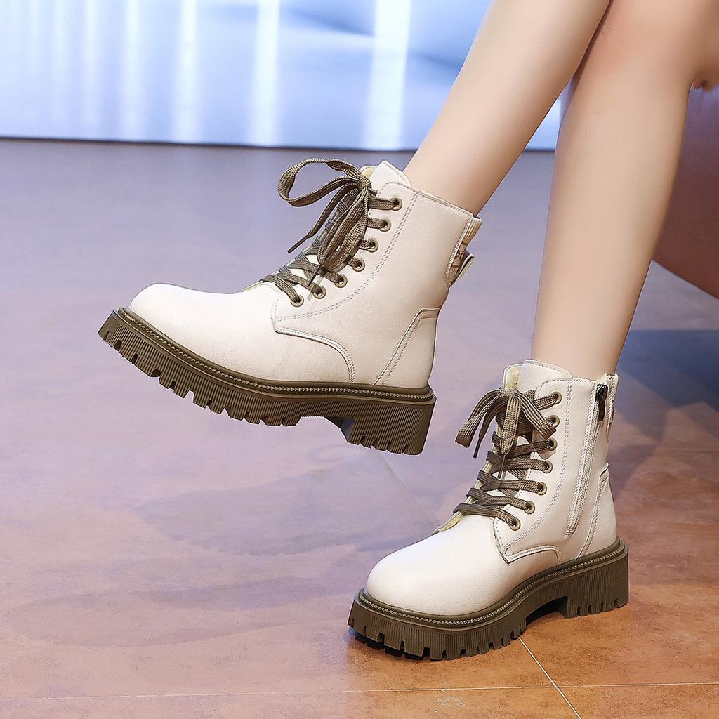 Mode 2025 Neue Mode Dicke Sohle Damenstiefel Große Größe Damenschuhe Schwarz Warm halten Fleece Plateau Schnür-Stiefeletten 4875