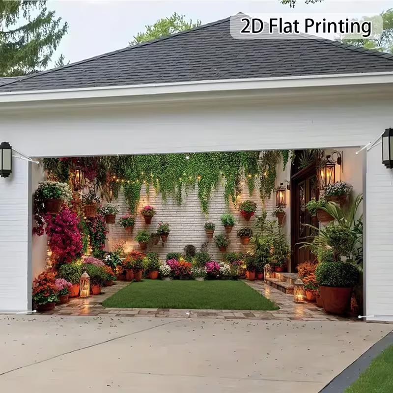Cozy Courtyard Garden Tapestry, White Brick Wall Covered in Hanging Vines, Colorful Blooms and Warm Lanterns, Calming Boho Wall Art