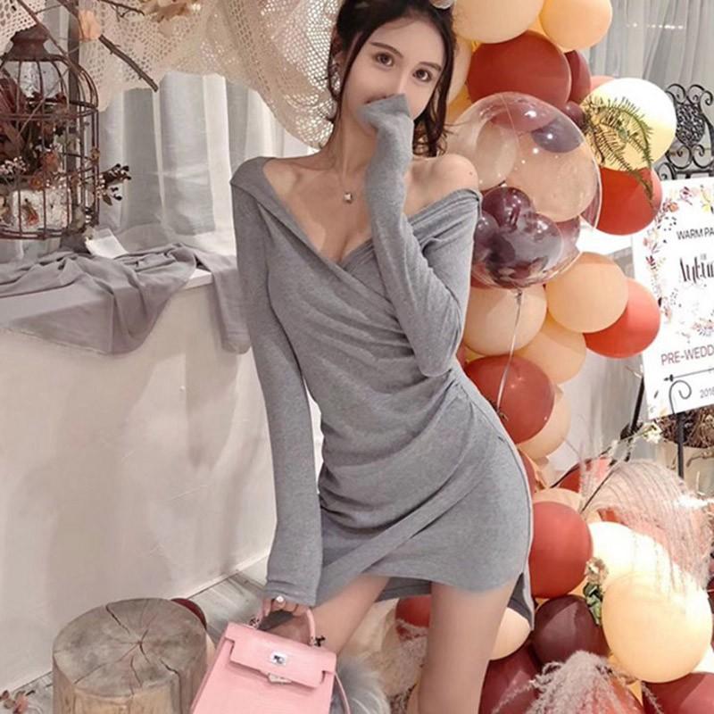 Podzimní Pletené Šaty Dámské Šaty Výstřih do V Sexy Pletené Šaty Dlouhý Rukáv Bodycon Pouzdrové Obepínající Boky Šaty