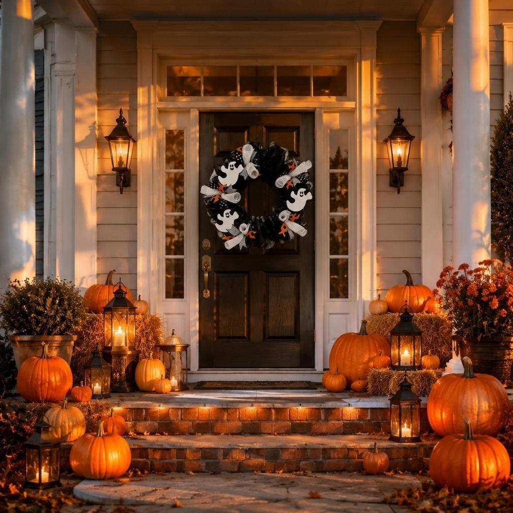 45cm Halloween Ghost Wreath Mesh Ribbon Decorative Door Hanging Halloween Party Indoor Outdoor Decoration