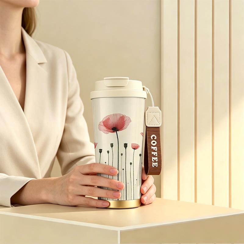 Coffee Mug 532ml Simple Poppy Motif Portable Travel Coffee Mug Car Handy Cup Strap Coffee Cup Unisex Commuter Coffee Mug Coffee Mug 532ml