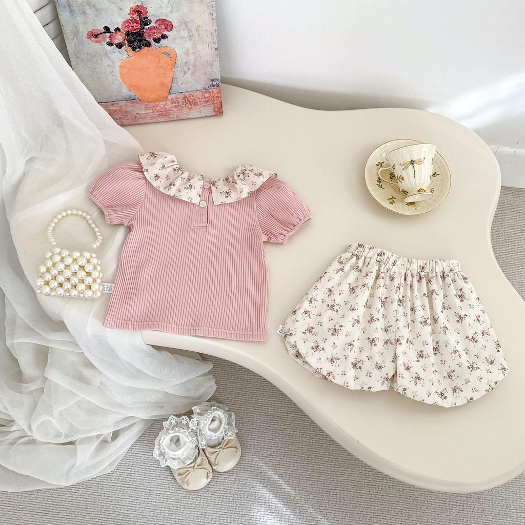 Summer Baby Girl Floral Short Sleeve Top with Bloomer Shorts Set