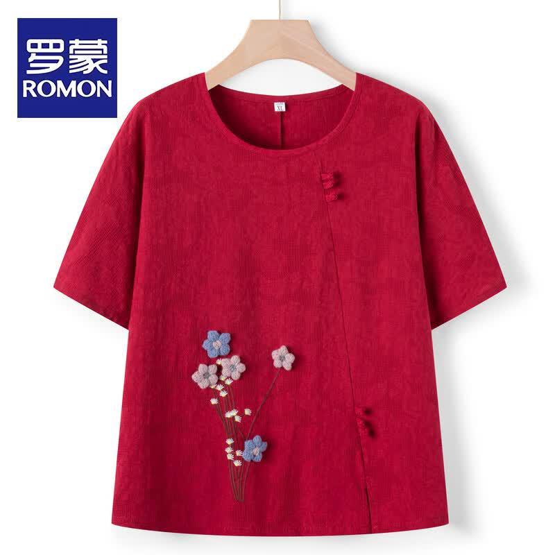 ROMON New Chinese Style Embroidered Short Sleeve Top 2XL