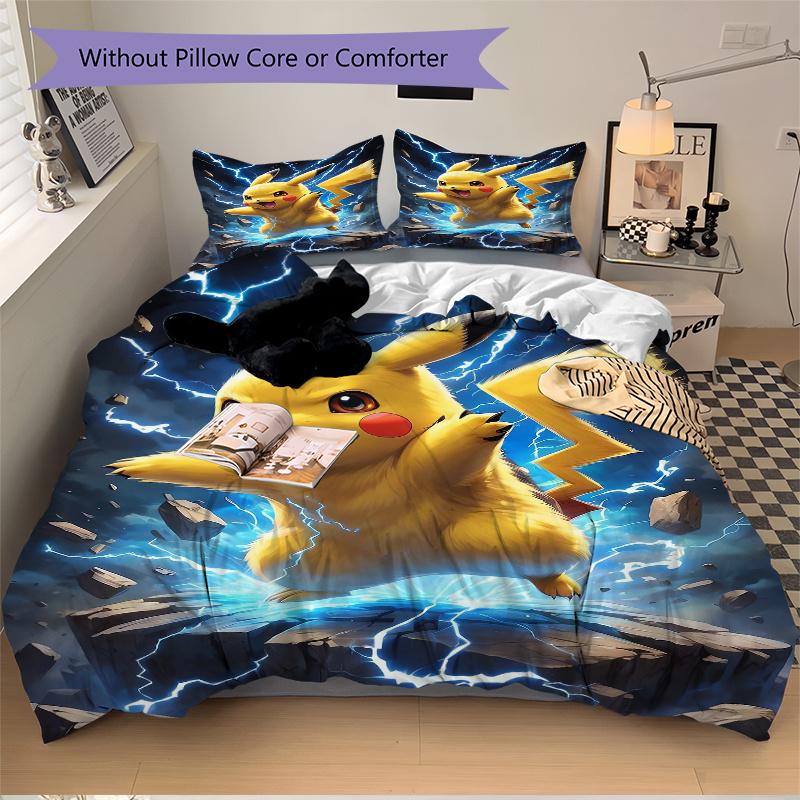 3pcs Pikachu Lightning Themed Quilt Set - Soft and Comfortable Bedroom, Guest Room and Dorm Decor Bedding Set 1 Quilt Cover + 2 Pillowcases.