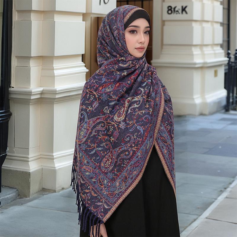 Thicken Embroidery Cashmere Winter Scarves Women Pareo Cape Warm Muslim Shawl Chunky Headscarf Wrap Ladies Elegant Poncho Turban