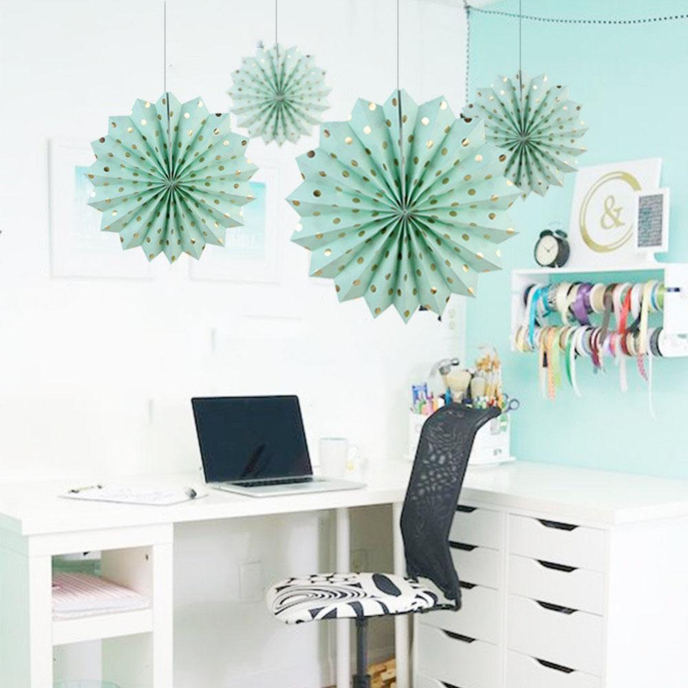 12 Inches Stamping Flower Fan With Golden Dot Fold Paper For Wedding Party Backdrop Shopwindow Hanging Ornaments Decoration Supplies