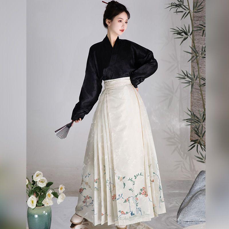 Women Ming Dynasty Hanfu Set Floral Bird Mamian Skirt Jacquard Plane Sleeve Top Traditional Chinese Outfit