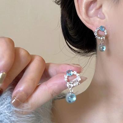 S925 Silver Blue Crystal Zircon Pearl Earrings - Elegant and Versatile Design for Women