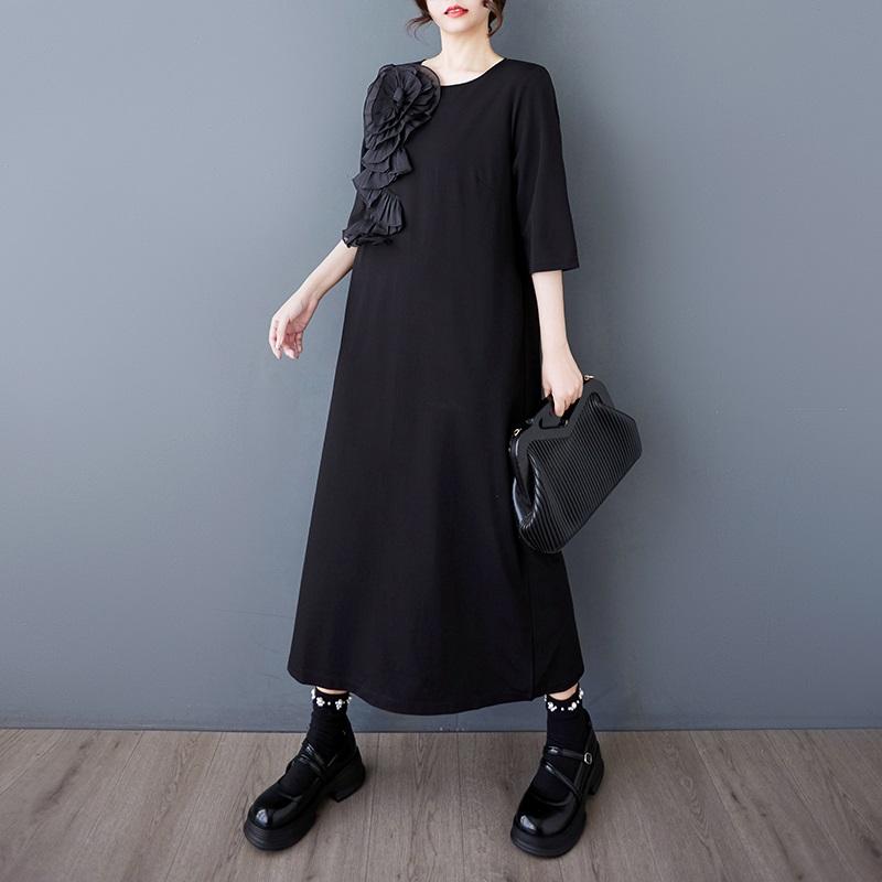 Rochie de vară lungă casual lejeră cu mânecă scurtă, mărime plus, neagră, florală vintage, nou în rochii pentru femei