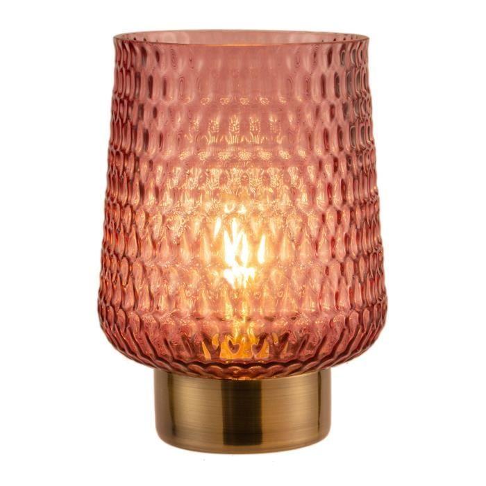 Lampe À Poser - Pauleen - Rose Glamour - Verre Rose - Socle Laiton - 210 Mm