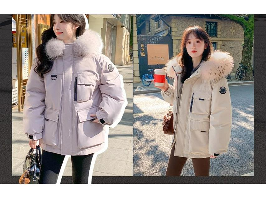 Women's 2025 Outdoor Workwear Short Down Jacket with Big Fur Collar - Loose Korean Style 90% White Duck Down Parka Coat