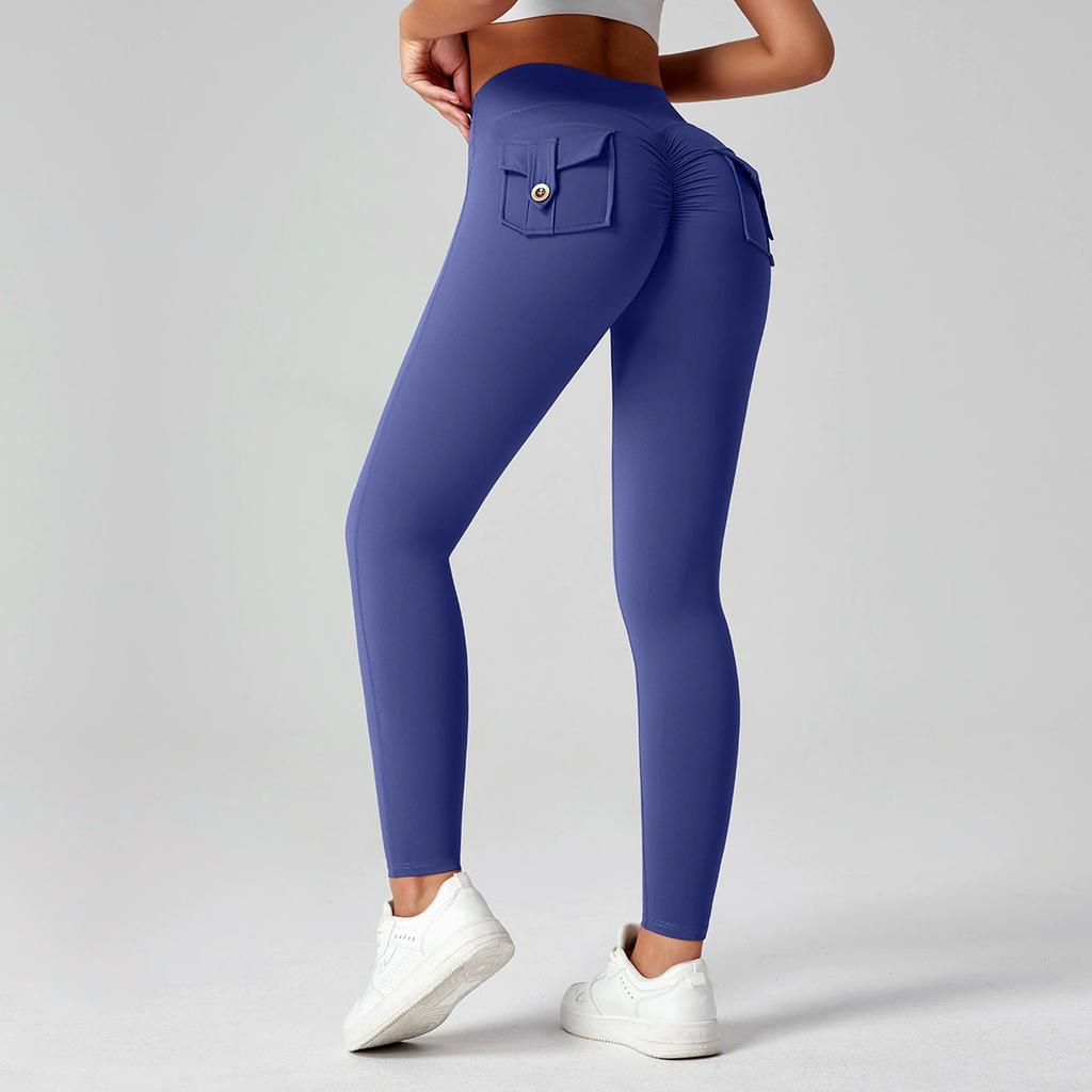 Fitness Leggings With Pocket Sports Yoga Pants Scrunch Buttons Peach Hips Workflow High Waist Running Gym Tights Women