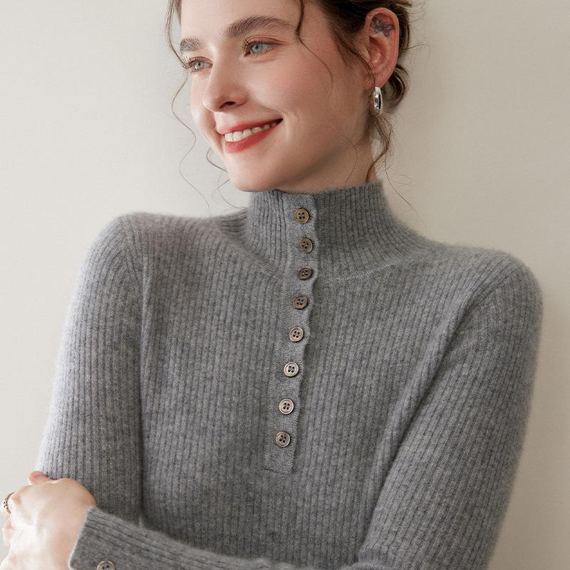 Women's 100% Cashmere High Neck Sweater, Slim Fit, Base Layer, Gold Button Detail, Knit