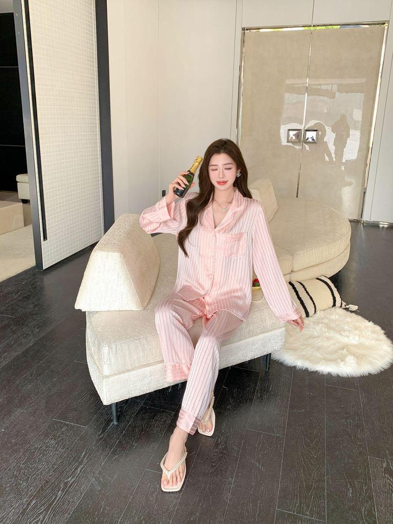 Women's High-End Ice Silk Striped Pajama Set - Spring/Summer Luxury Long Sleeve Jacquard Homewear