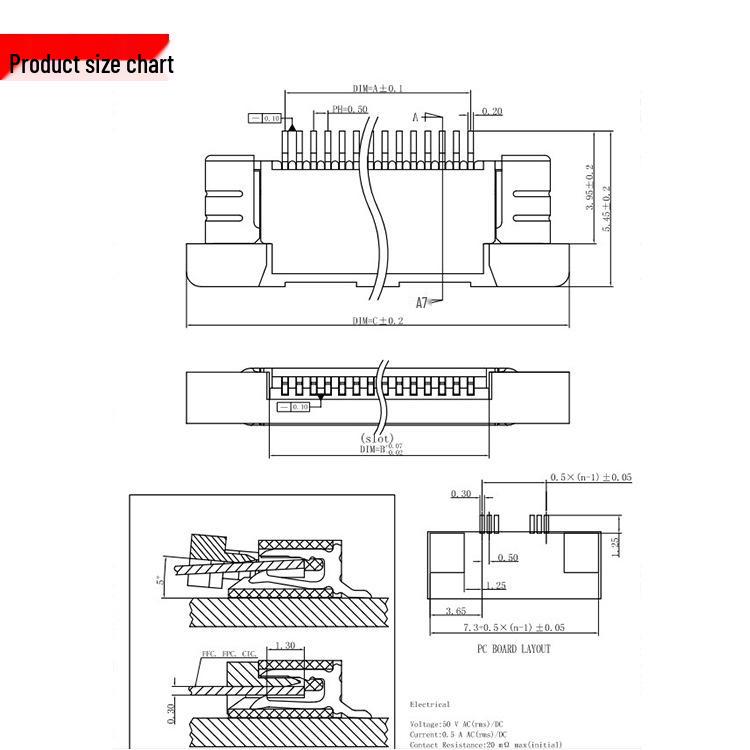 FPC Connector 0.5MM Top/Bottom Flip Cover, 4-54P Ribbon Cable Socket