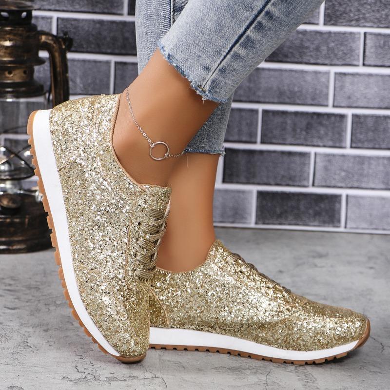 Plus Size Flat Casual Sports Shoes Women's 2025 New Sequin Lace-up Shoes