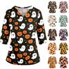 Women's Costume Halloween Print V-Neck Top with Pockets and Side Slit Three-Quarter Sleeves