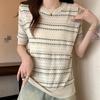 Women Sweaters Pullovers 2025 Summer Short Sleeve O-Neck Striped Black Knitted Sweater Women Tops Pullover JJ266