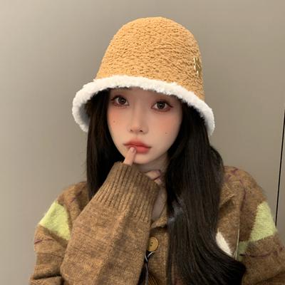 New Hat Women'S Solid Color Versatile Imitation Lamb Wool Bucket Hat Winter Warm Big Head Circumference Basin Hat Tide