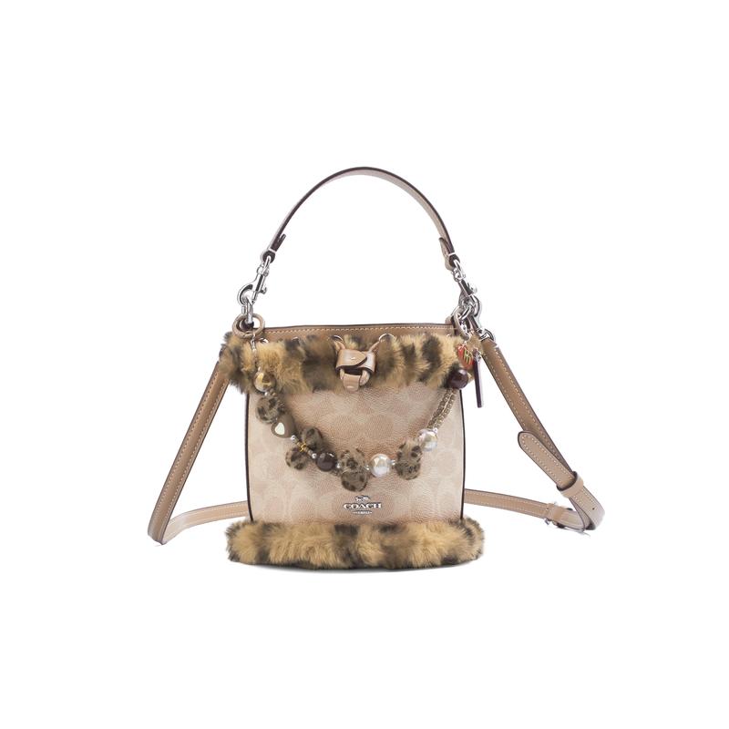 

COACH handbag [Customized bag] Dempsey webbing starburst small flower diamond decoration fashionable and versatile simple Warm Pearl Leopard Rhyme коричневий