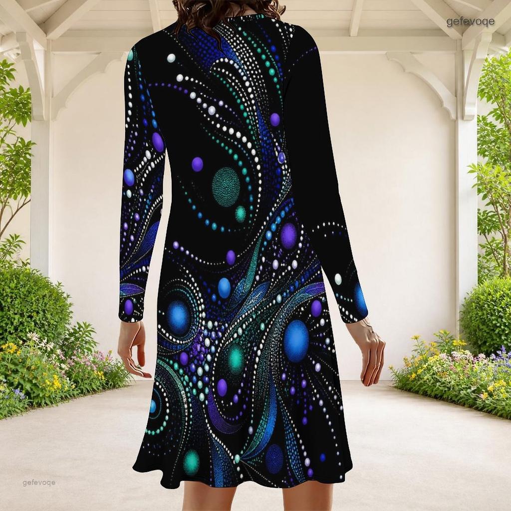 Women Plus Size Round Neck Long Sleeve Black Printed A Line Dress