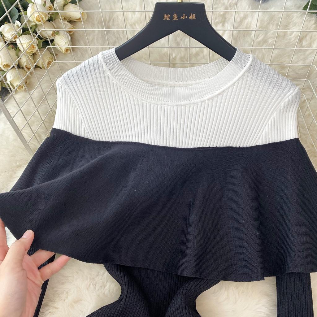 Frauen Chic Elegante Solide O Hals Langarm Rüschen Patchwork Bodycon Kleid Sexy Mode Stricken Elastische Dünne Hüfte Wrap Kleid