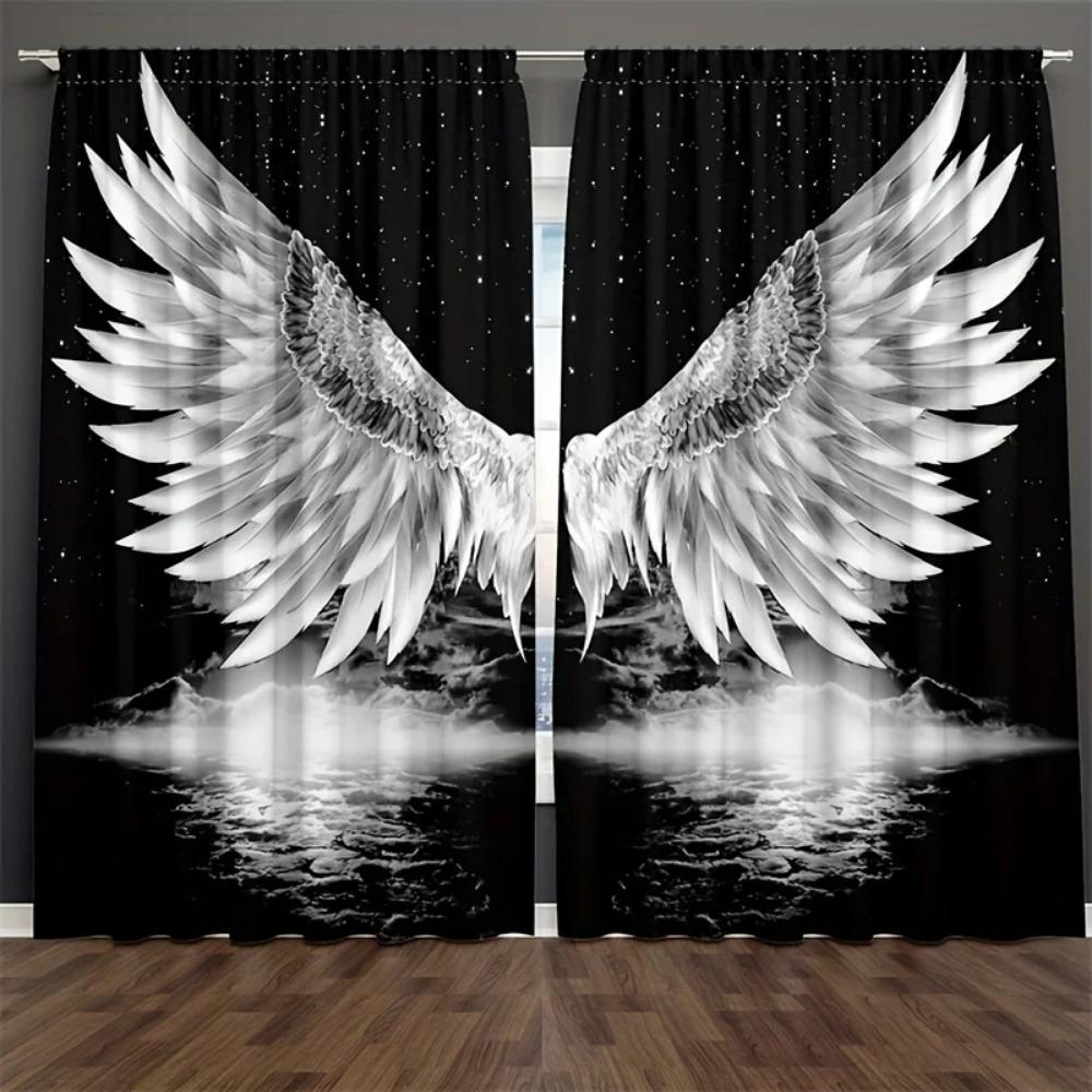 2pcs HD Digital Printed Curtains Living Room Bedroom Rod Pocket Curtains Colorful Angel Wings Print Curtain For Bedroom Window