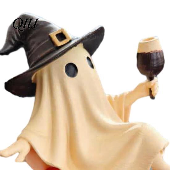 Roztomilá figurka čarodějnice, Figurka ducha, Sedící na dýni, Soška s legračním halloweenským kloboukem, Pryskyřičná stolní ozdoba pro domácí party dekorace, Strašidelná