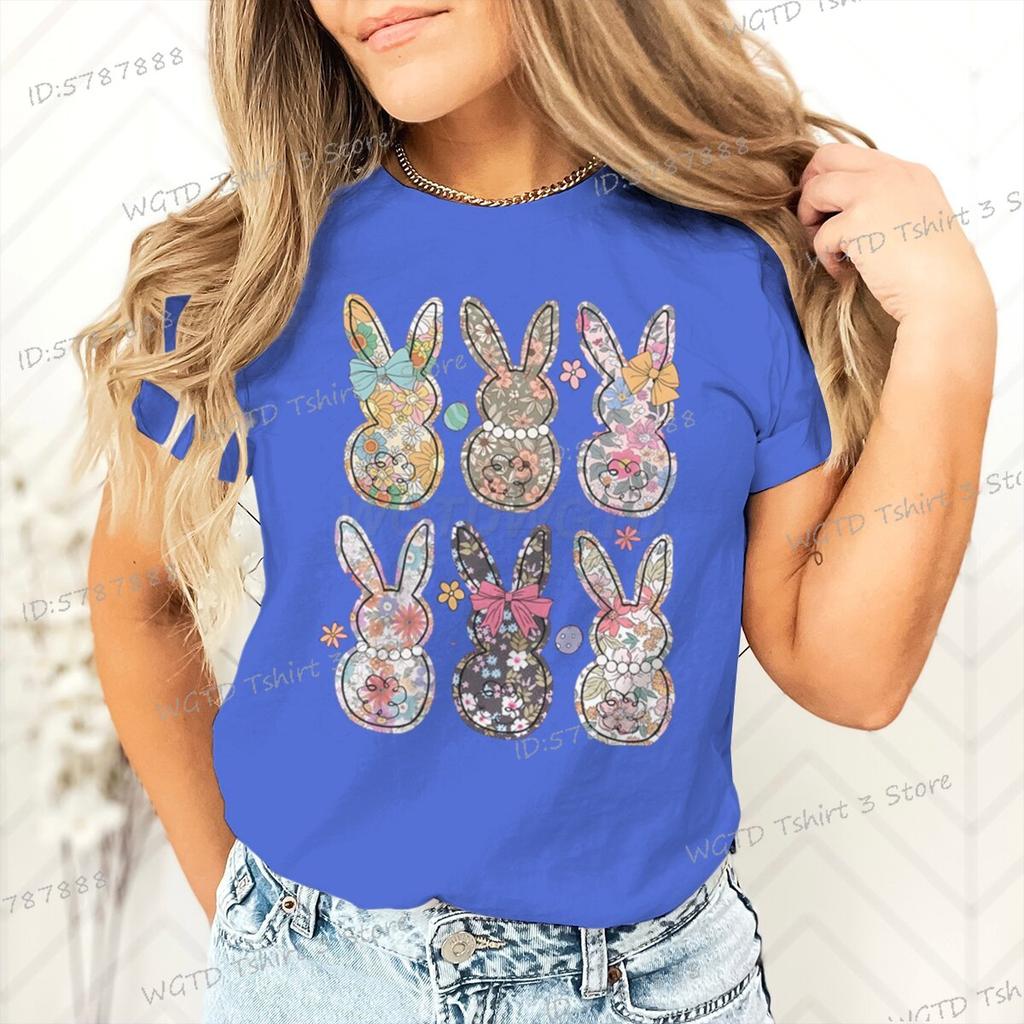 Retro Easter Bunny Floral Design Women Tshirt Graphic Gift for Easter Day Classic Tops Tees Flower Abbit Bunny Vintage T Shirts