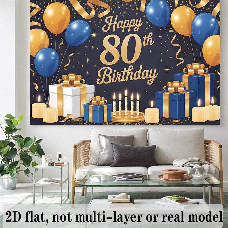 Party Backdrop 80Th Birthday Blue Elegant Flat Banners Golden Balloons Boxes Candles Photo Booth Decor Front Door Decor