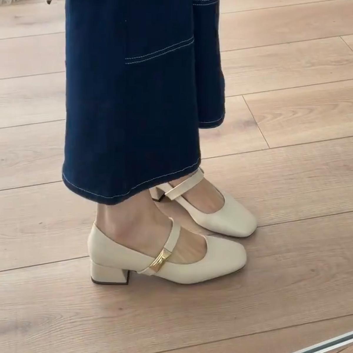 

Універсальні повсякденні туфлі на середньому підборі з натуральної шкіри з квадратним носком, жіночі, маленькі одинарні туфлі з неглибоким вирізом, туфлі Мері Джейн 40