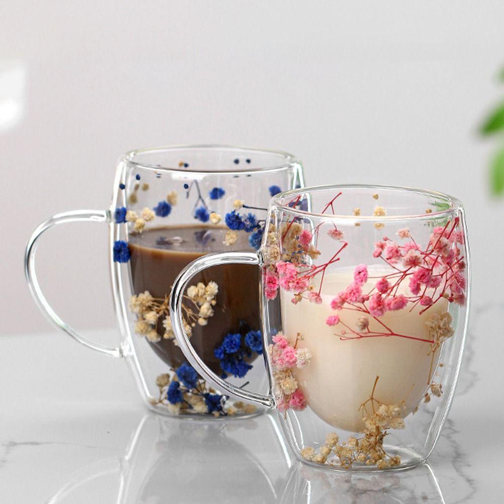 350ml Double Wall Glass Cup Heat Resistant Coffee Mug Elegant Dried Flowers Glass Mugs  Home&Office