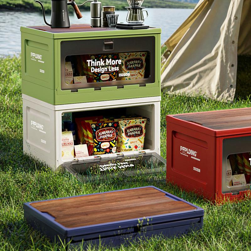 XL Folding Outdoor Storage Box with Wood Lid & Side Opening for Camping & Car Trunk Organization
