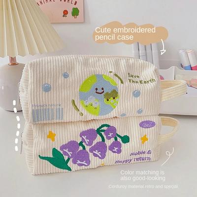 Large Capacity Cute Cartoon Pencil Case Korean Flowers Embroidery Cosmetic Bag Students Pen Bag Cosmetic Organizer Storage Pouch