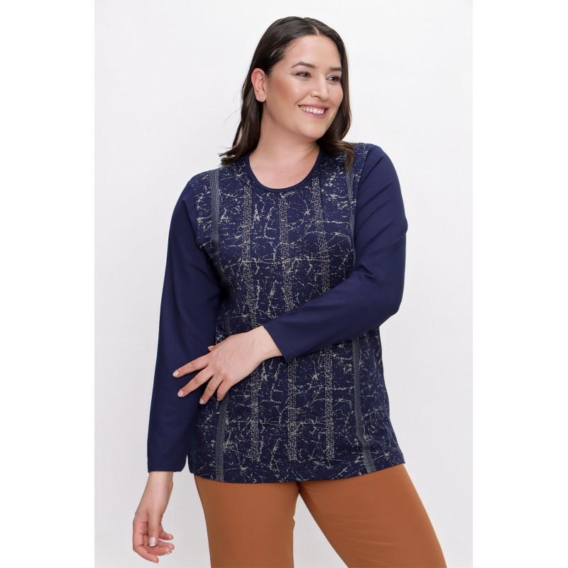 

Блузка большого размера из лайкры и вискозы с длинными рукавами и узором в полоску с камнями