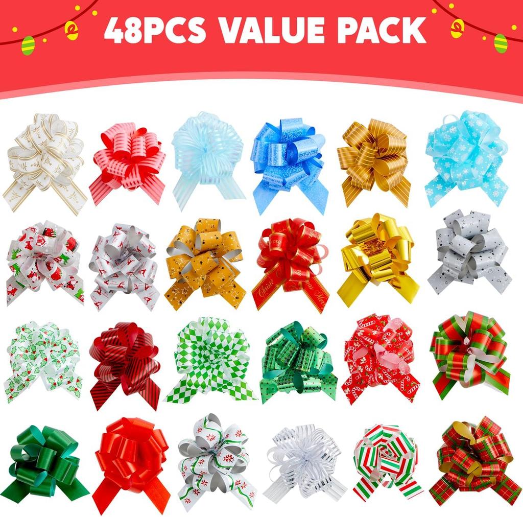 Christmas Pull Bows Ribbon Wide Gift Wrapping Tags Boxing Day Holiday Dcor JOYFY PCS 48 with 5 for Entertaining Play Safe Kid Friendly Fun
