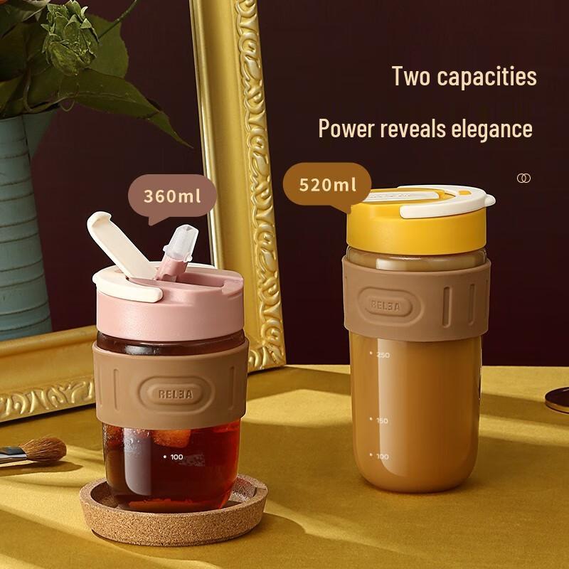 RELEA Nordic Style Glass Coffee Tea Cup with Lid & Straw
