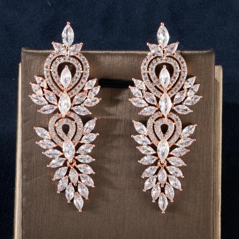 Luxury Leaf Marquise Zircon Long Drop Dangle Earrings Shiny AAA Cubic Zirconia Bridal Women's Wedding Party Zircon Accessories