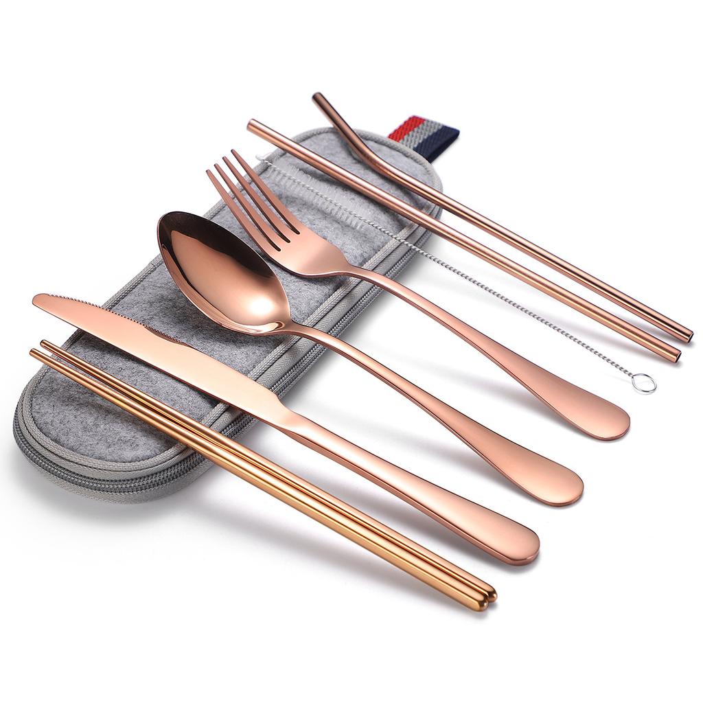 Stainless Steel Tableware Set, Portable 7-piece Set, Knife, Fork, Spoon, Chopsticks, Straw, Camping Supplies Storage, Cross-border Durability 2026